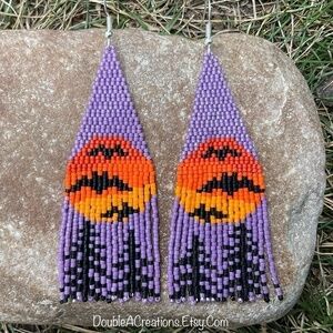 Bats in the Moon Beaded Earrings with Fringe, New, Handmade by Me